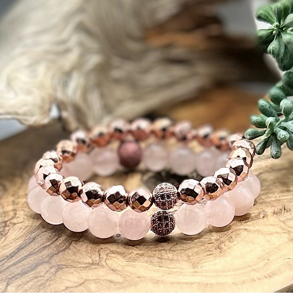 Elegant Rose Gold Hematite and Rose Quartz Beaded Bracelets with pave Beads